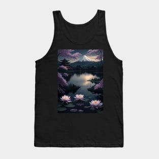 Serene Mount Fuji Sunset - Peaceful River Scenery - Lotus Flowers Tank Top